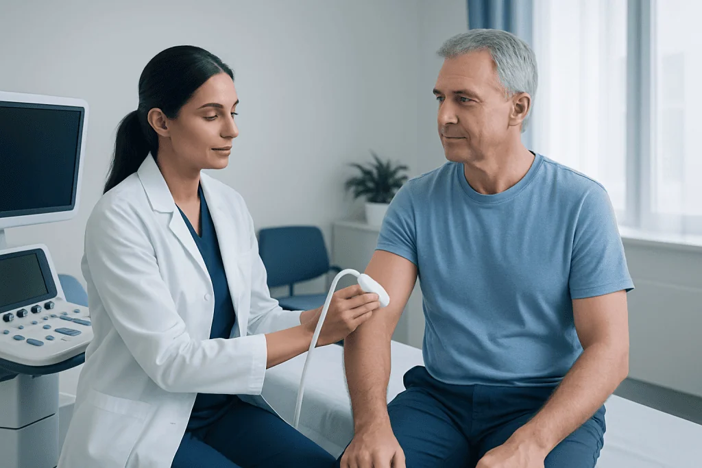 Doctor performs ultrasound examination on male patient in clinic setting.