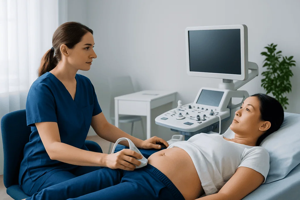 Ultrasound examination of a pregnant woman in a hospital room.