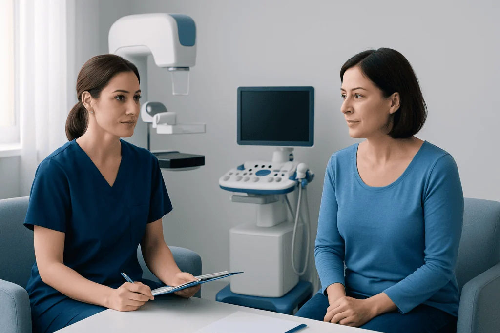 Preparation and step-by-step procedure — diagnostic mammogram and ultrasound