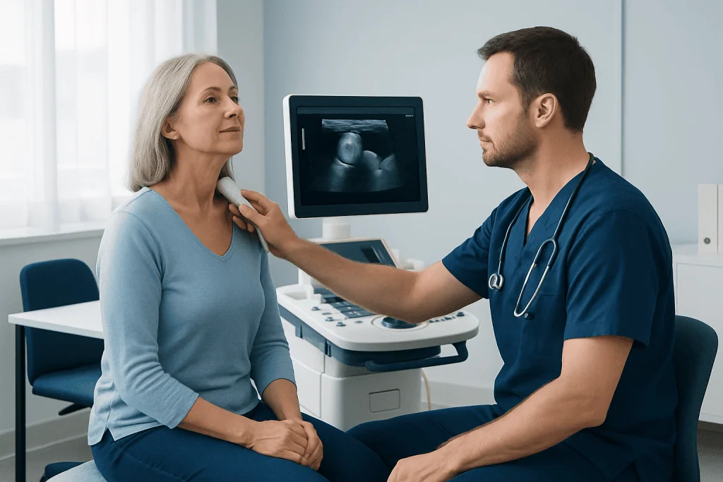 Doctor performing ultrasound examination on an elderly woman in a medical clinic.