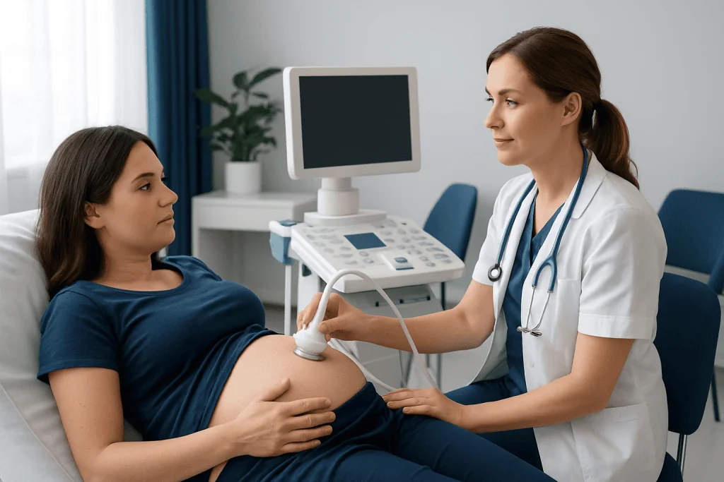 Doctor performing an ultrasound on a pregnant woman in a medical clinic.