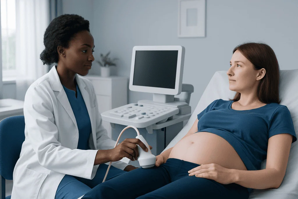 Pregnant woman undergoing ultrasound examination at hospital.