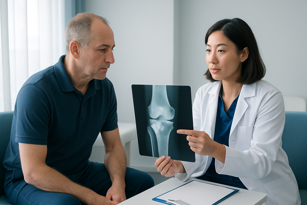Doctor explaining knee X-ray to patient in consultation room.