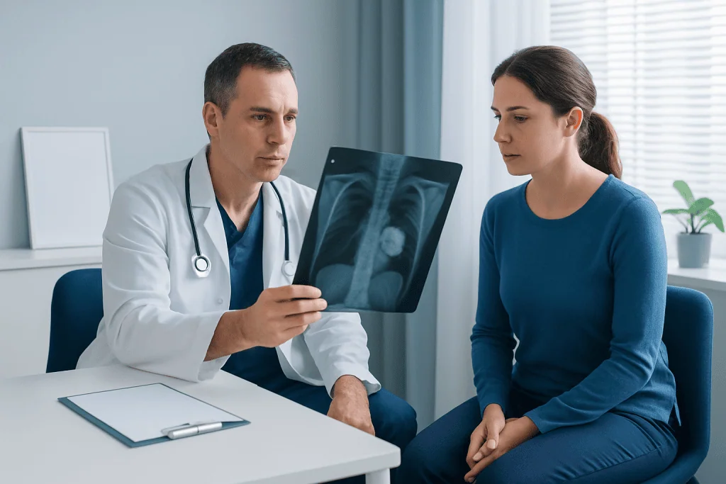Doctor explains X-ray results to patient in a medical consultation room.