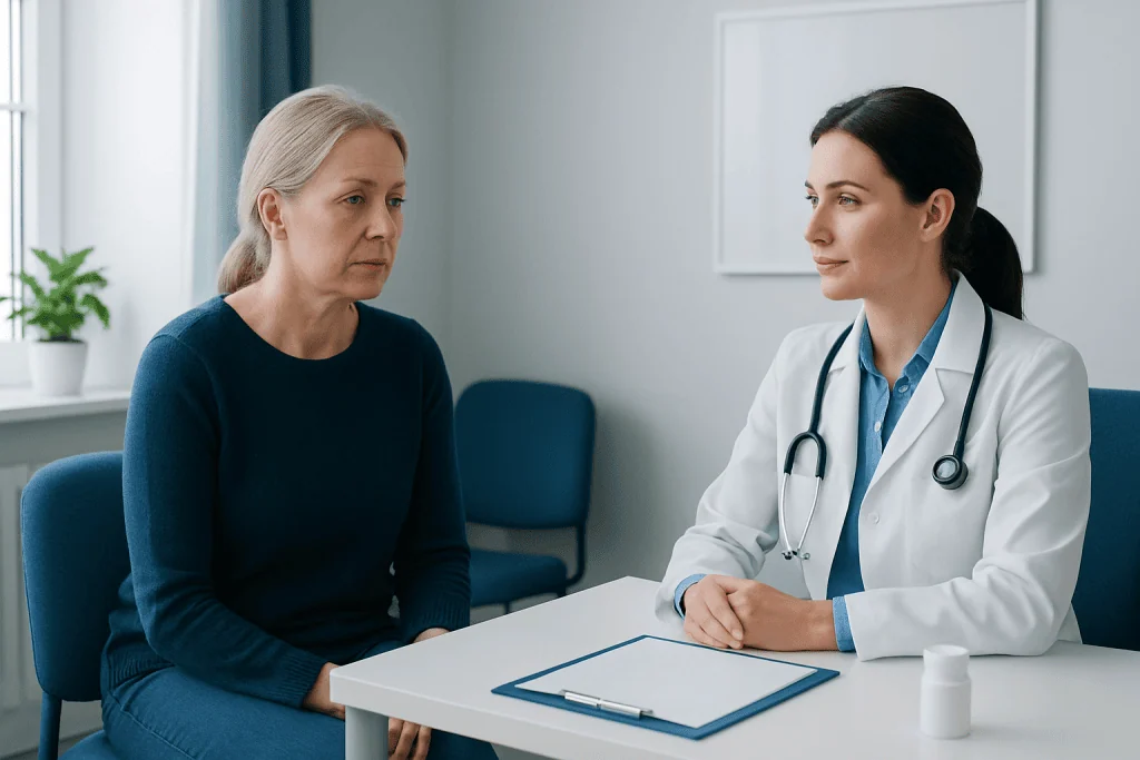 Doctor consulting with an elderly female patient in a medical office.