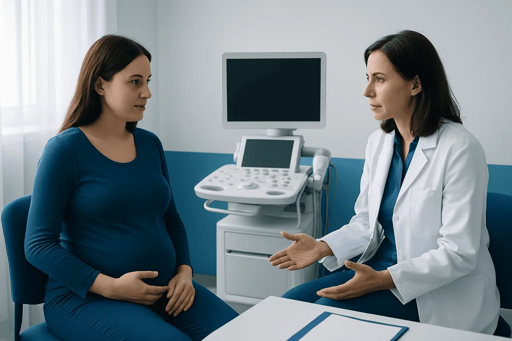 Pregnant woman consulting with a doctor in a medical office.