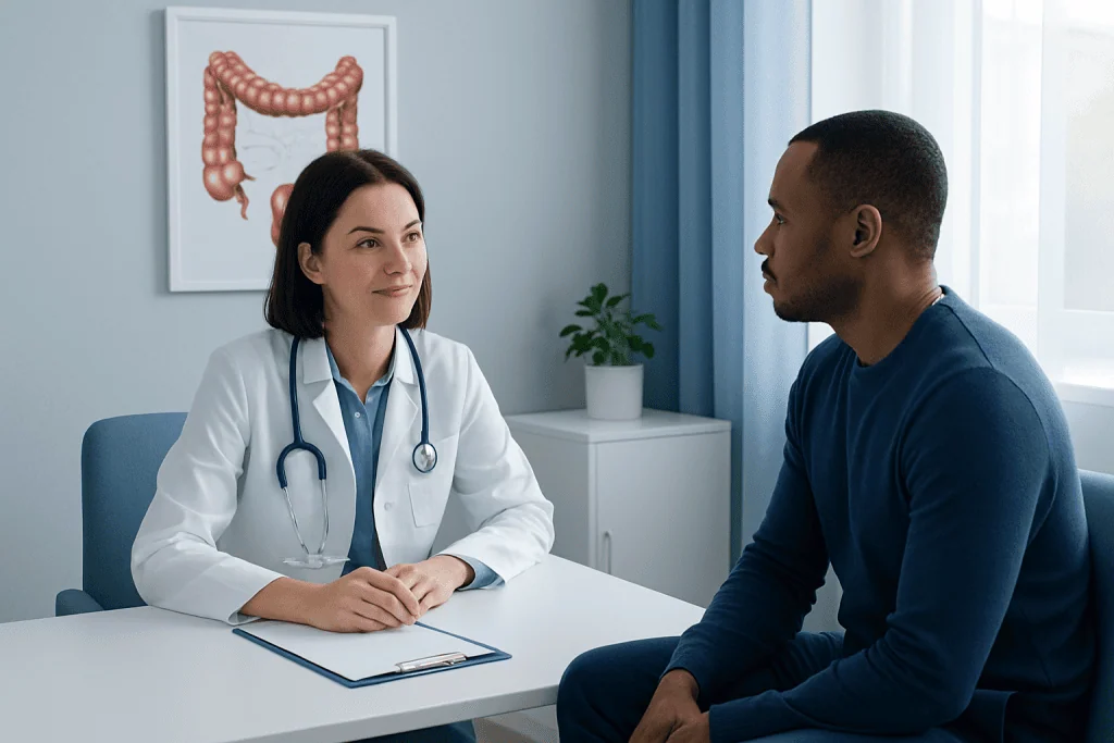 Doctor consulting with patient in a medical office with colon anatomy diagram.