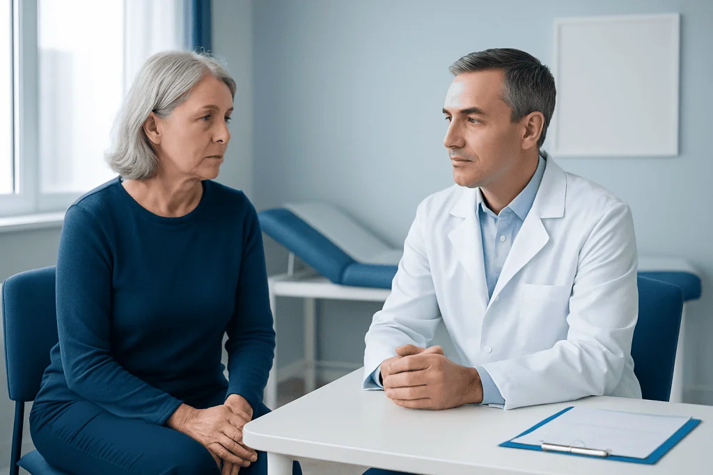 Doctor consulting with an elderly woman in a medical office setting.
