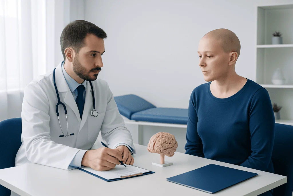 Doctor consulting with patient about brain health and MRI results.