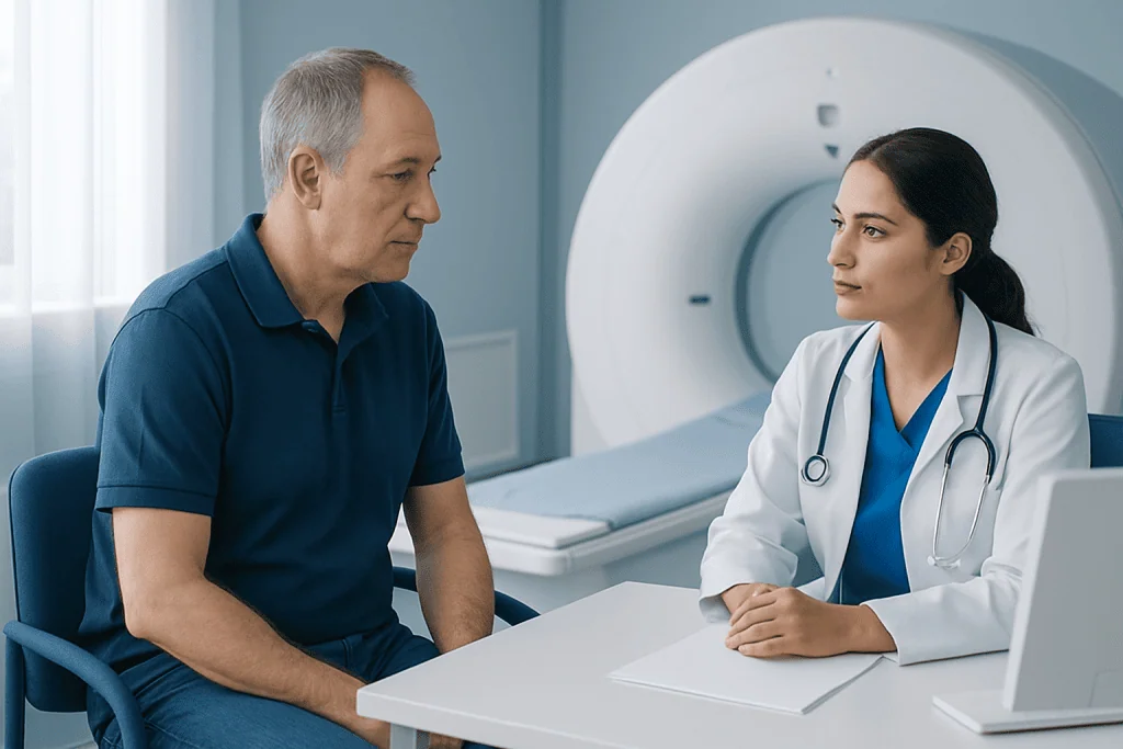 Doctor consulting with a patient before a CT scan at Acibadem Hospital.
