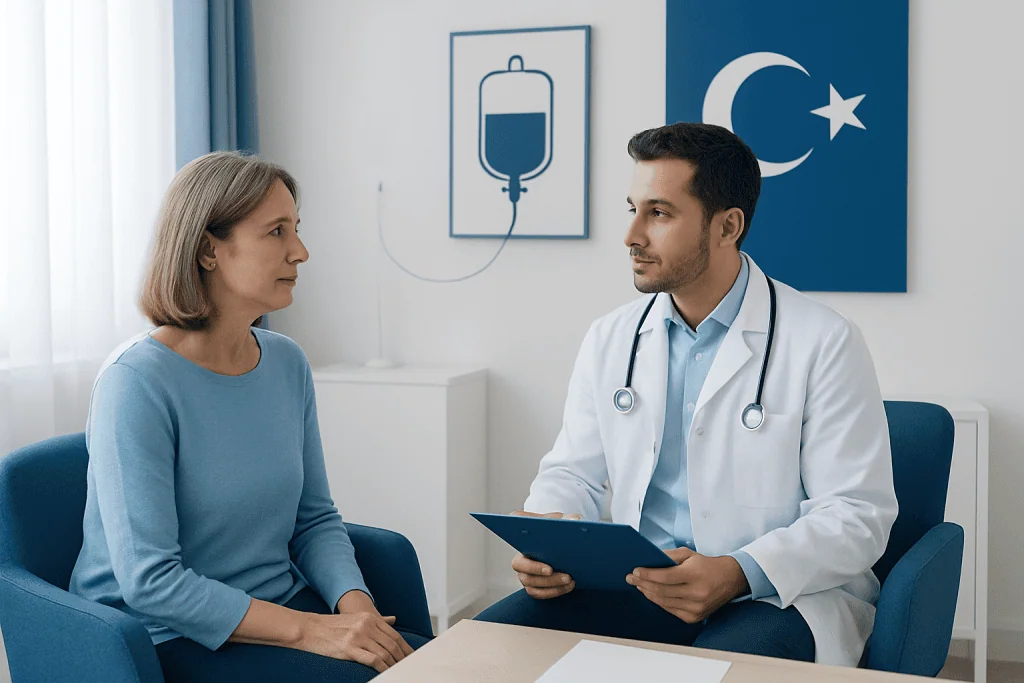 Doctor consulting with a female patient in a medical office.