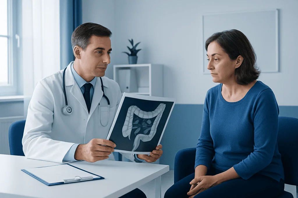 Doctor explaining colon scan results to a patient in a medical consultation.