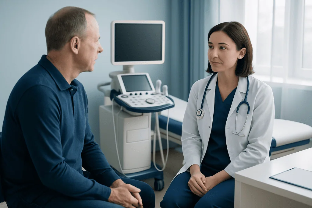 Doctor consulting with patient in a medical examination room at Acibadem Hospitals.