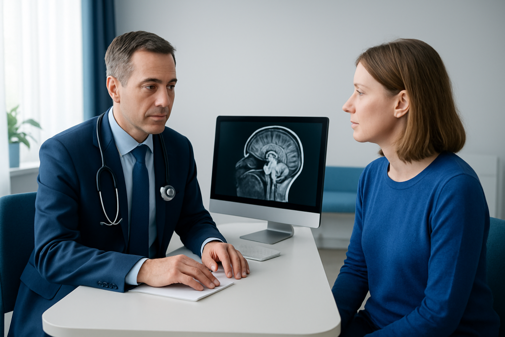 Doctor explaining brain MRI results to a patient in a consultation room.
