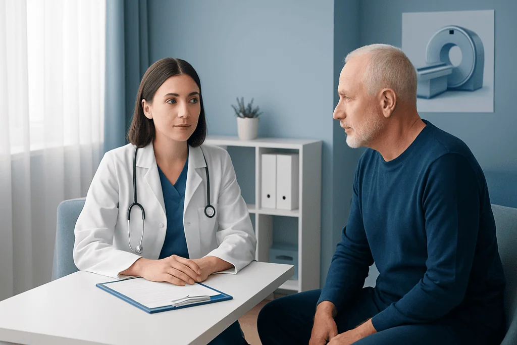 Doctor consulting with a patient in a medical office setting.