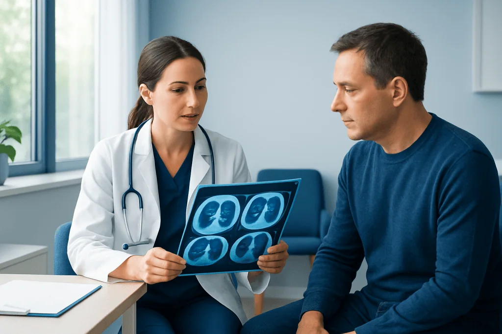 Doctor explaining lung CT scan images to patient in consultation room.
