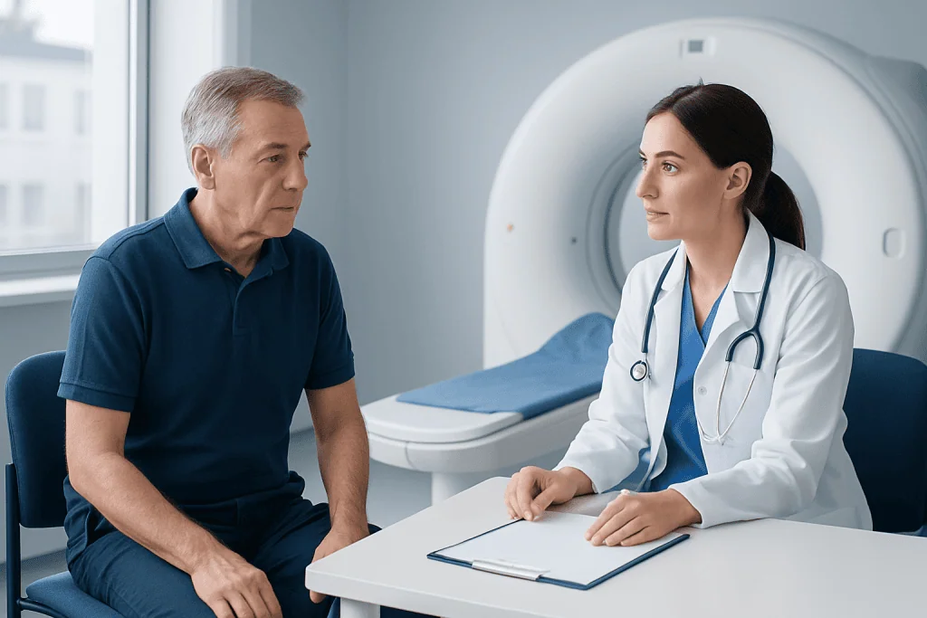 Doctor consulting with a patient in a hospital room near a CT scanner.