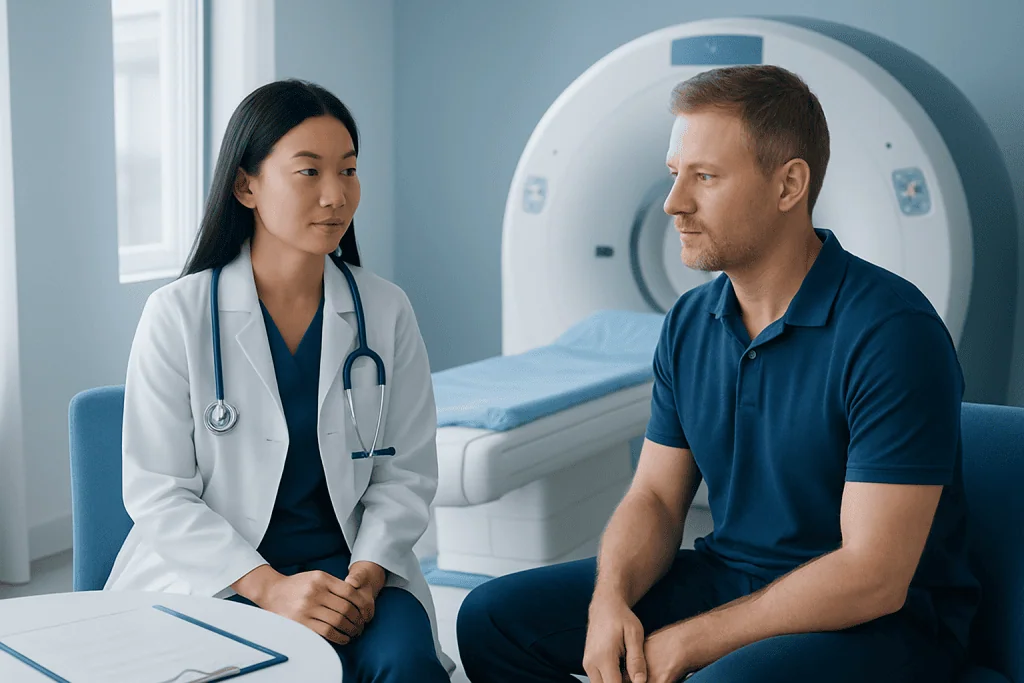 Doctor consulting a patient before MRI scan at Acibadem Hospital.