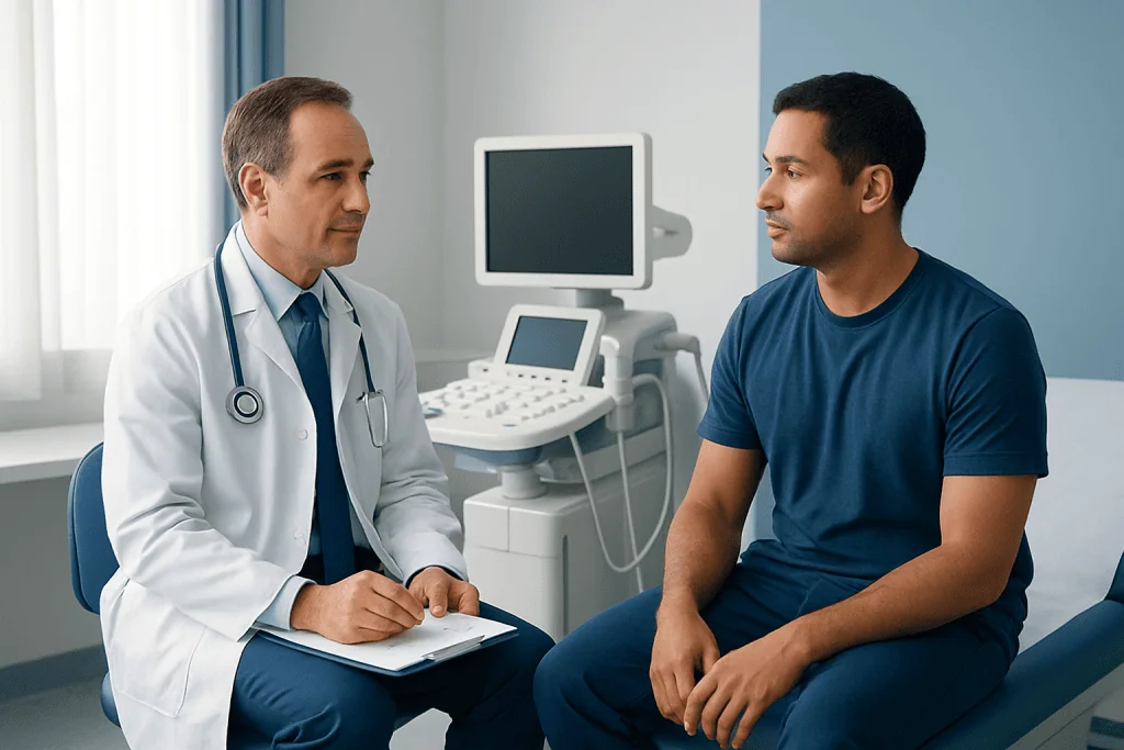 Doctor consulting with patient during a heart ultrasound appointment.