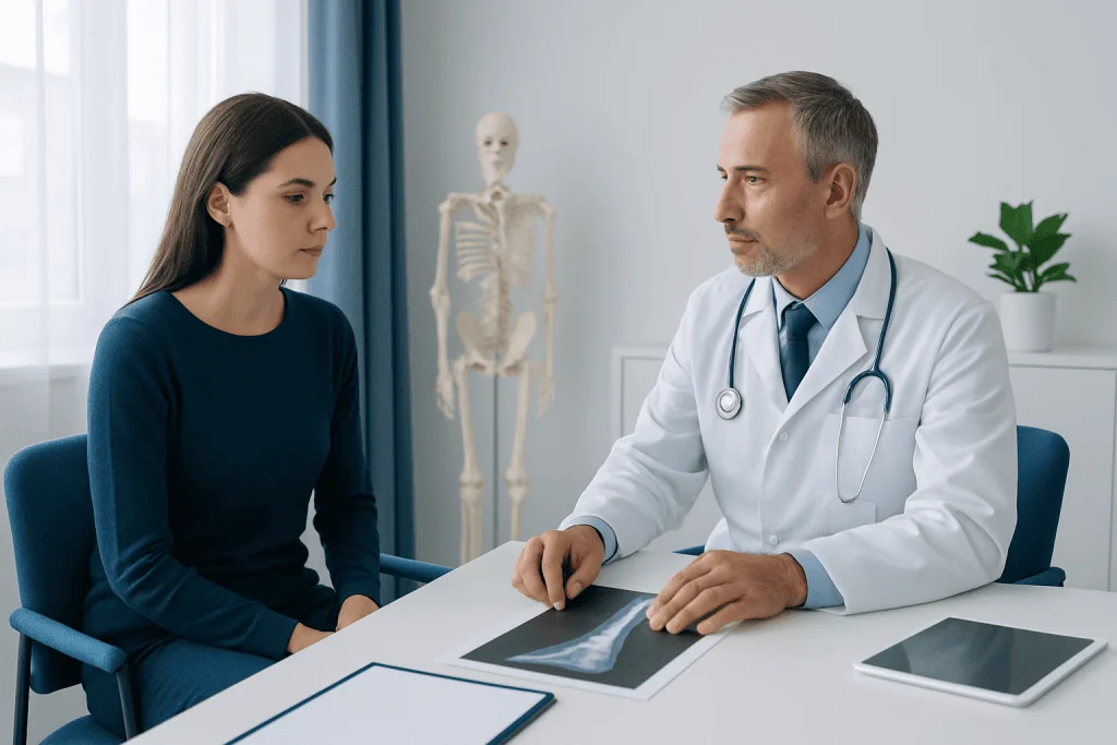Doctor explaining MRI results to a patient in a medical consultation room.