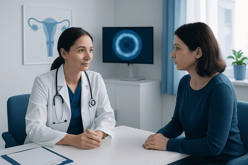 Doctor consulting with patient in a medical office with ovarian health diagram.