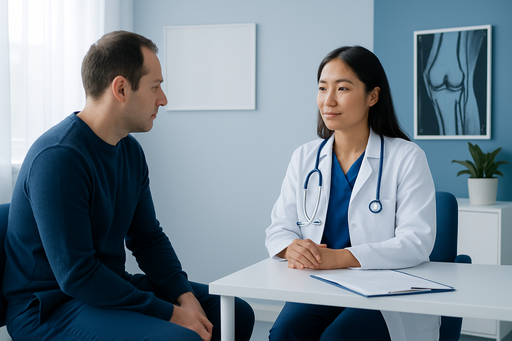 Doctor consulting with male patient in a medical office.