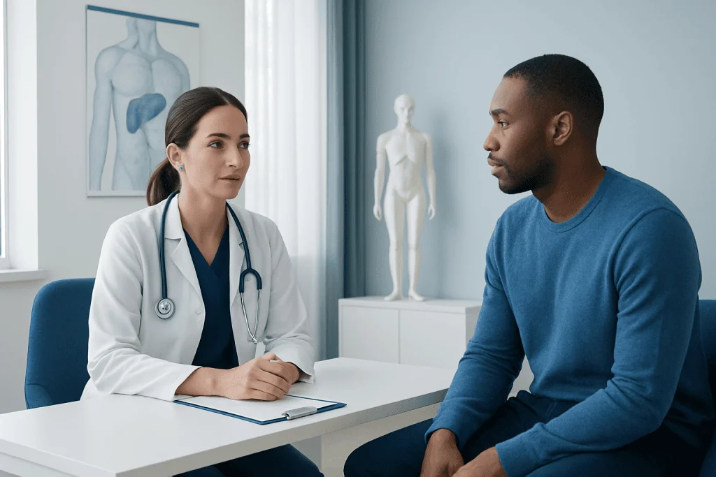 Doctor consulting patient in a medical office with anatomical models.