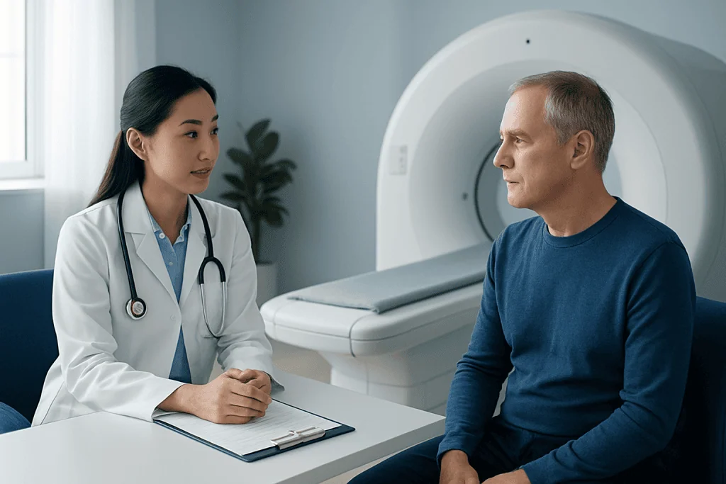 Doctor consulting with patient before PET scan at Acibadem Hospital.