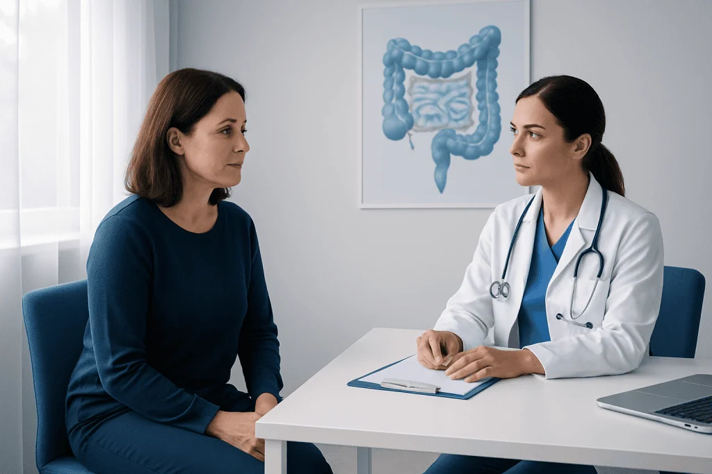 Doctor consulting with a patient about colon health in a medical office.