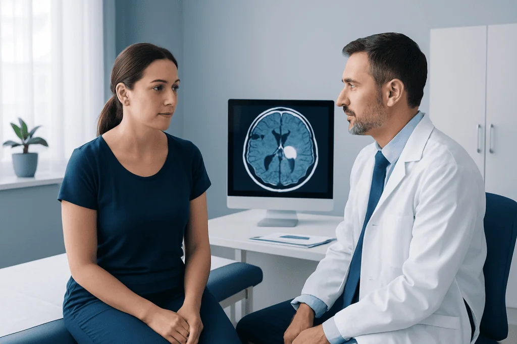Doctor discussing brain MRI results with patient in clinic.