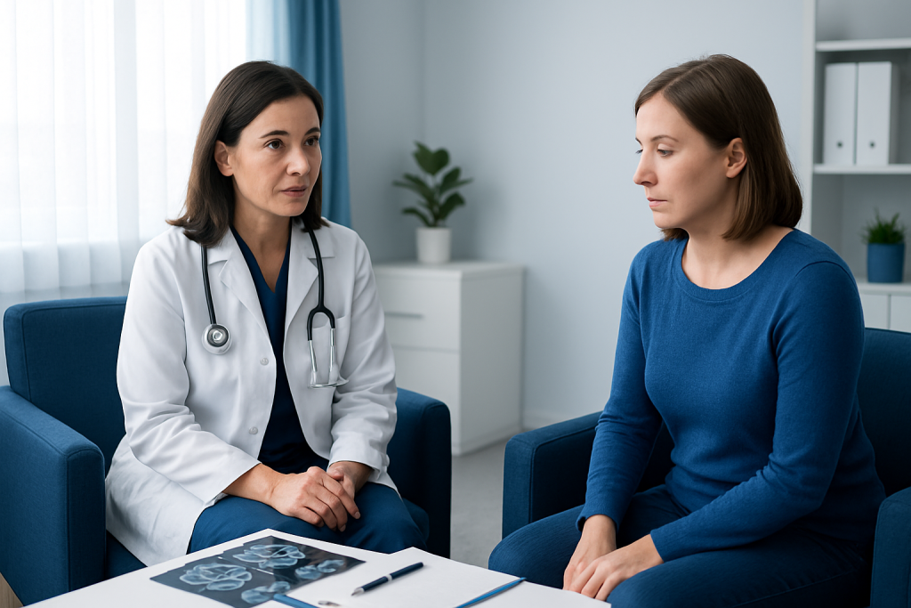 Doctor discussing optic neuritis MRI results with patient in consultation room.