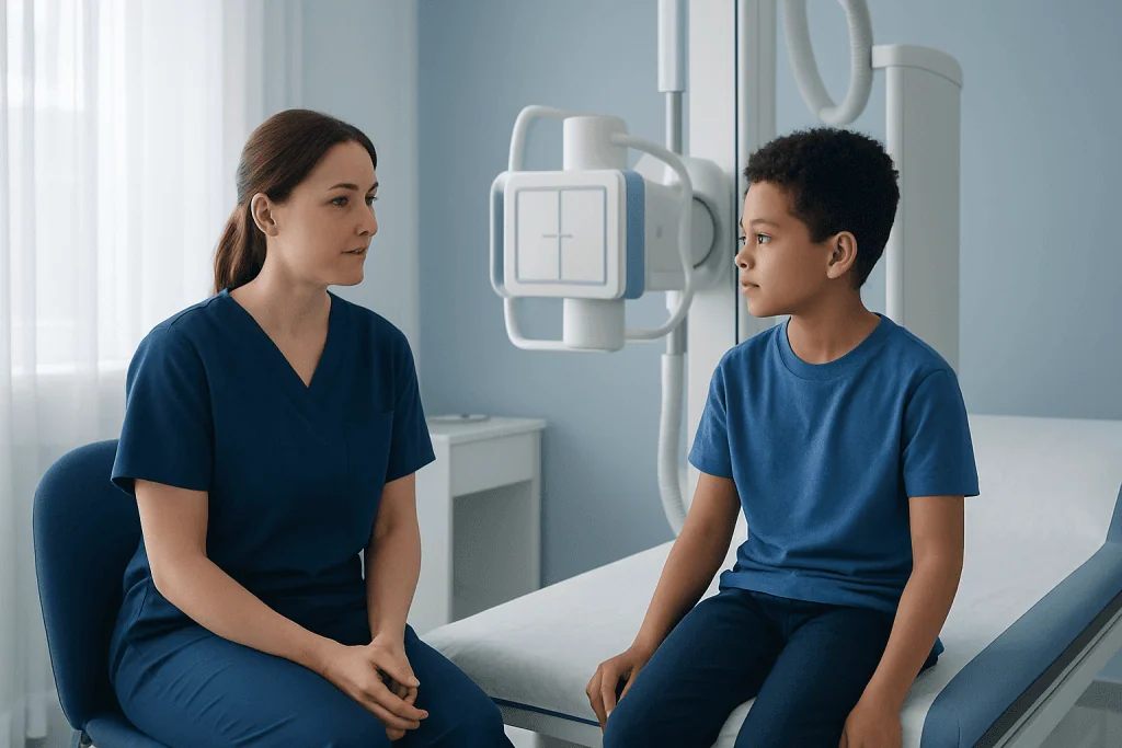 Doctor consulting with young patient in hospital room.