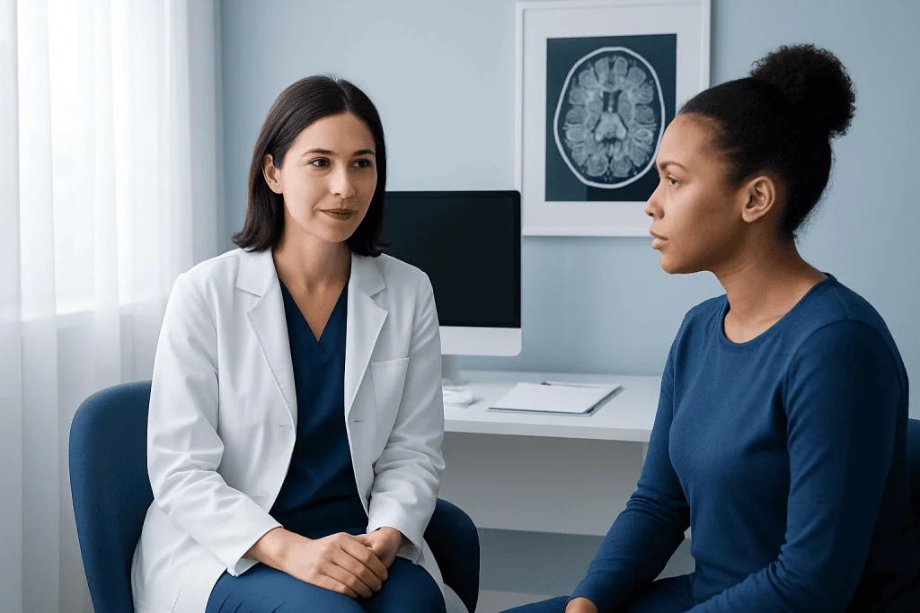 Doctor consulting with patient in a medical office with MRI scan on the wall.