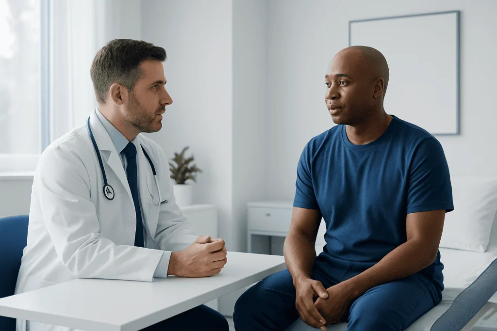 Doctor consulting with patient in a hospital room.