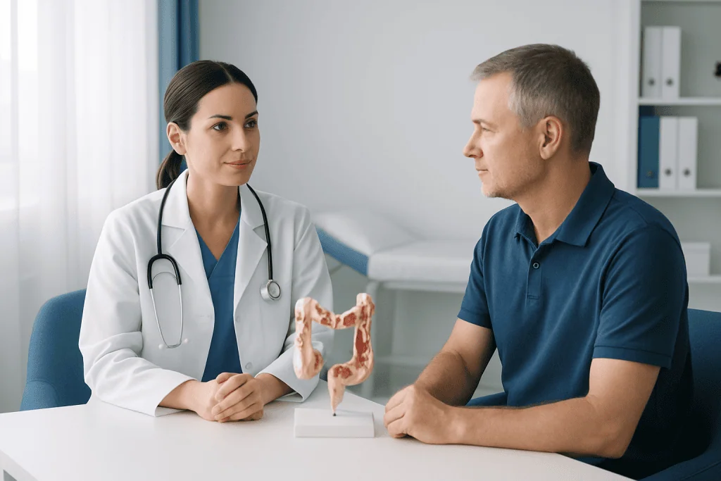 Doctor explaining colonoscopy procedure to patient with model of colon.