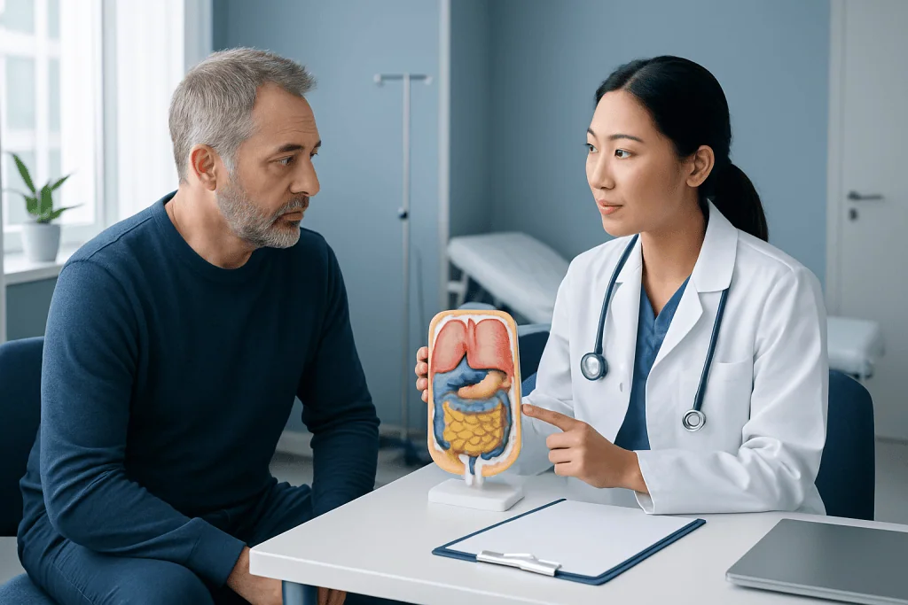 Doctor explaining digestive system model to patient in consultation room.