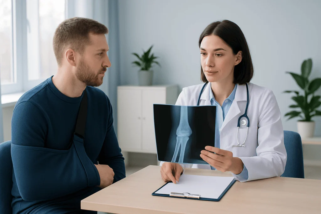 Doctor explaining broken arm X-ray to patient in consultation room.