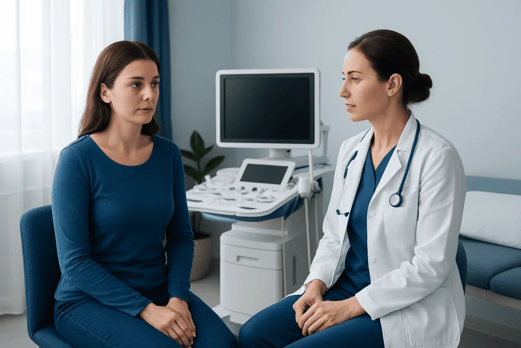Doctor consulting with a patient in a medical examination room.