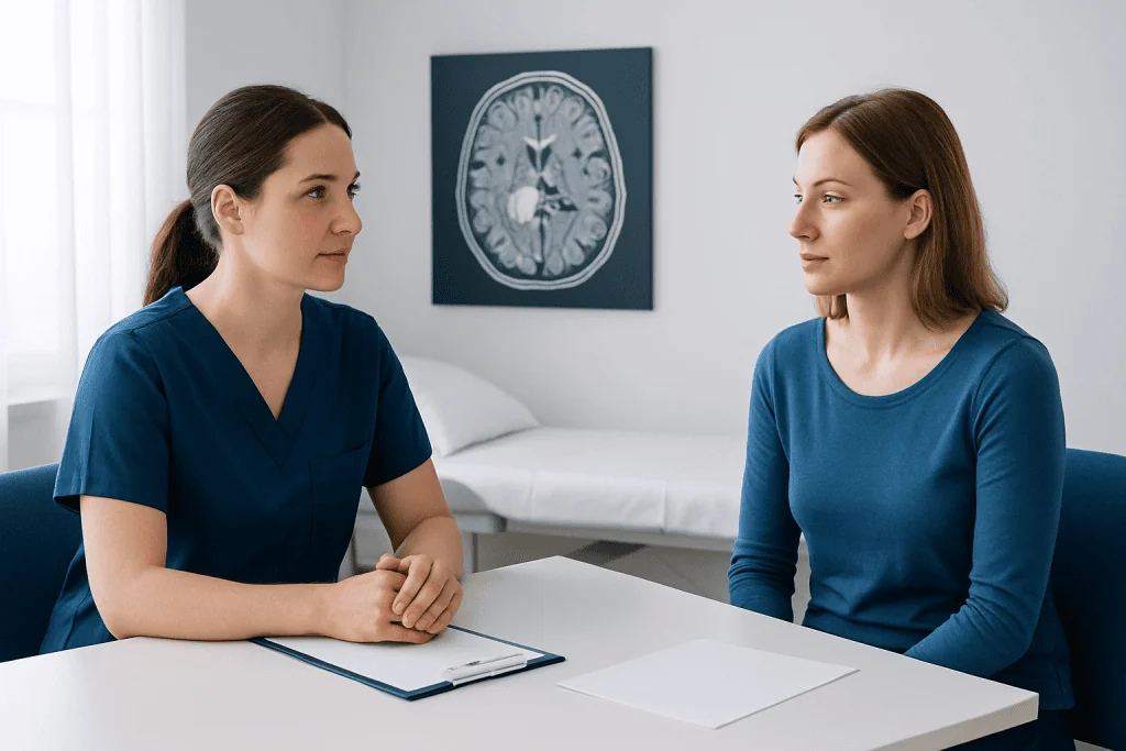 Doctor discussing brain MRI results with patient in a clinical setting.