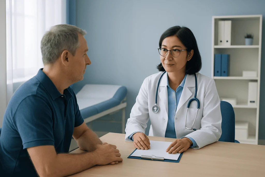 Doctor consulting with a male patient in a medical office setting.
