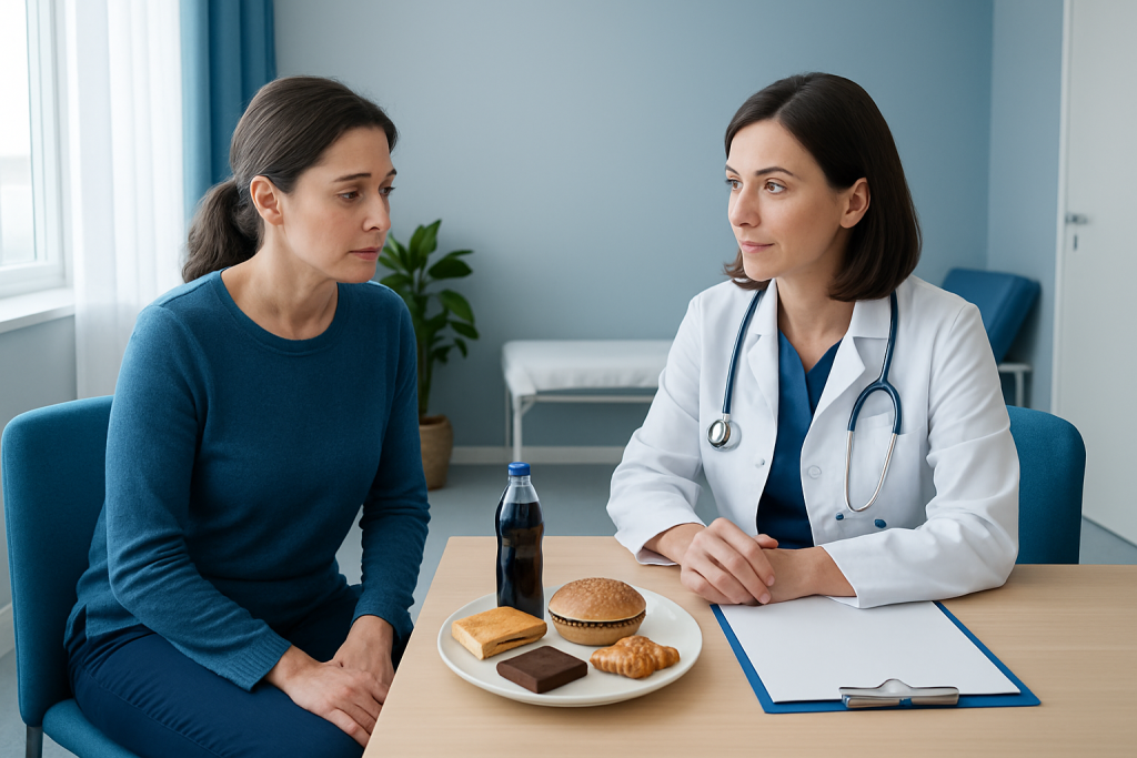 Doctor consulting patient about dietary restrictions after radioactive iodine treatment.