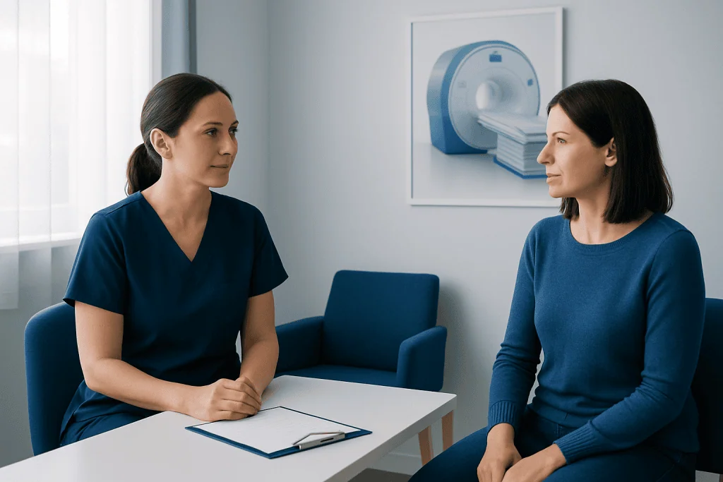 Doctor consulting patient in a medical office with MRI image on the wall.