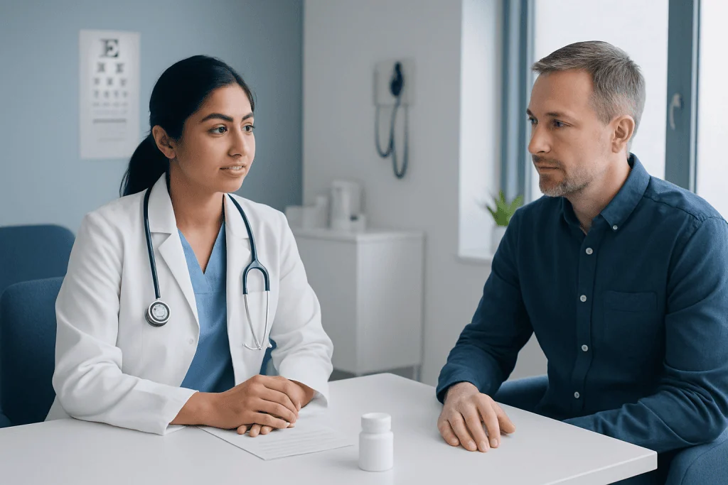 Doctor consulting with a patient in a medical office setting.