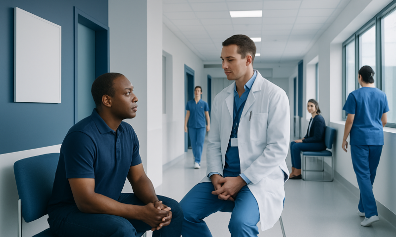 Doctor consulting patient in hospital corridor with medical staff in background.