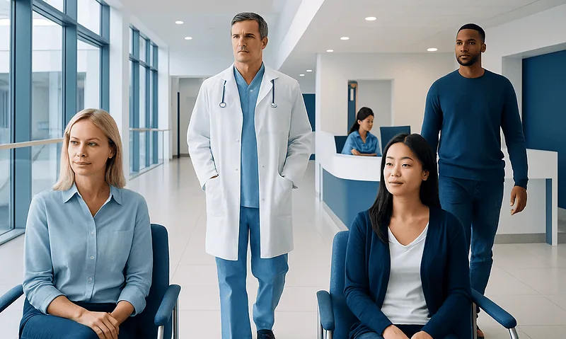 Medical consultation with diverse patients in a modern hospital setting.