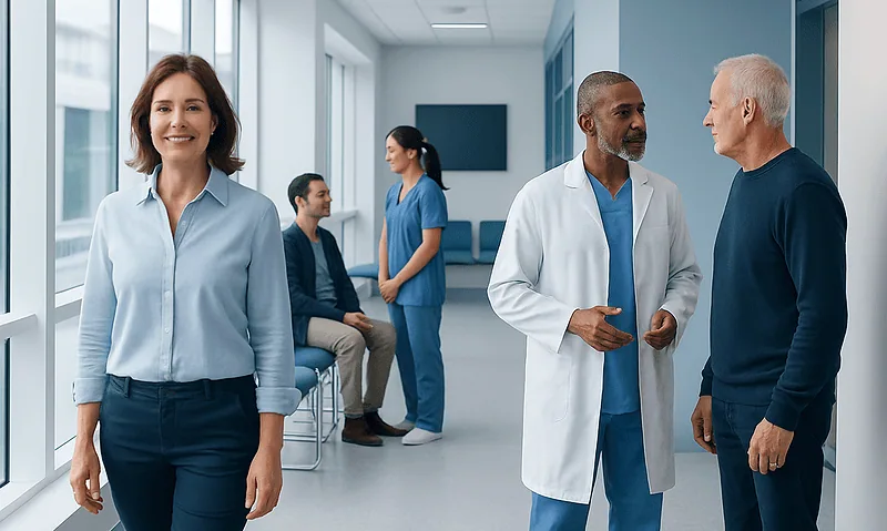 Medical professionals and patients in a modern hospital corridor.