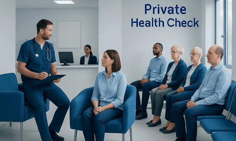 Doctor consulting elderly patients during private health check at clinic.
