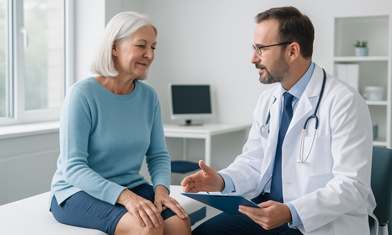 Doctor consulting with elderly woman in a medical office setting.
