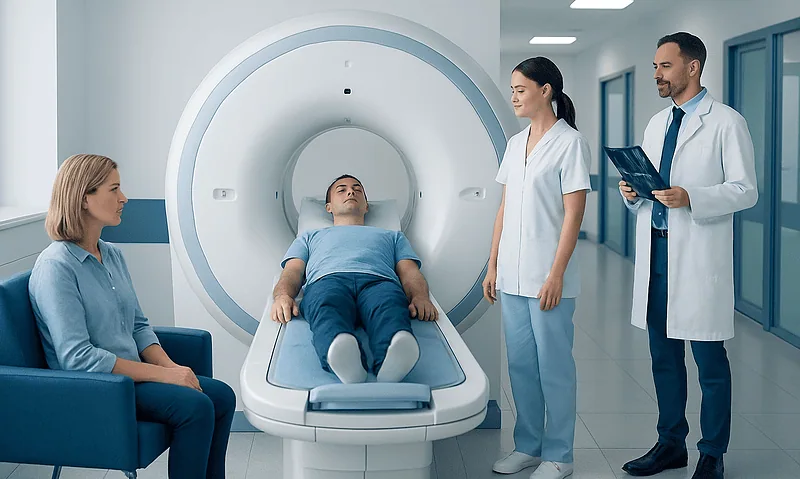 Patient undergoing MRI scan at Acibadem Hospital with medical staff present.