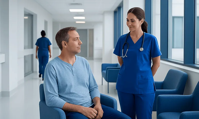 Patient consulting nurse in modern hospital corridor with large windows.